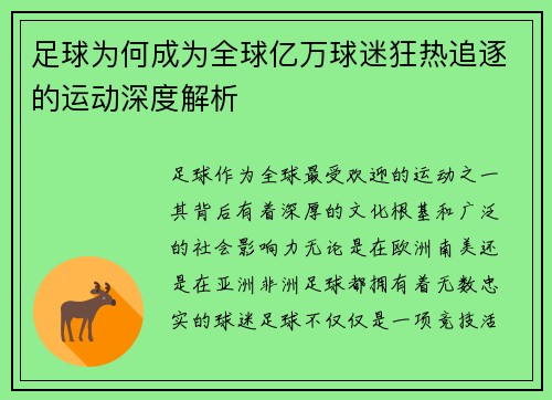 足球为何成为全球亿万球迷狂热追逐的运动深度解析